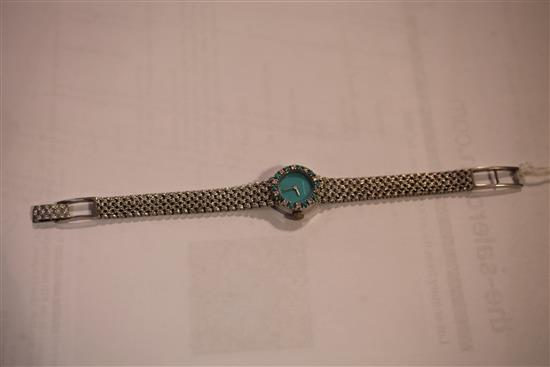 A ladys 1970s 9ct white gold, diamond and turquoise Bueche Girod manual wind wrist watch,